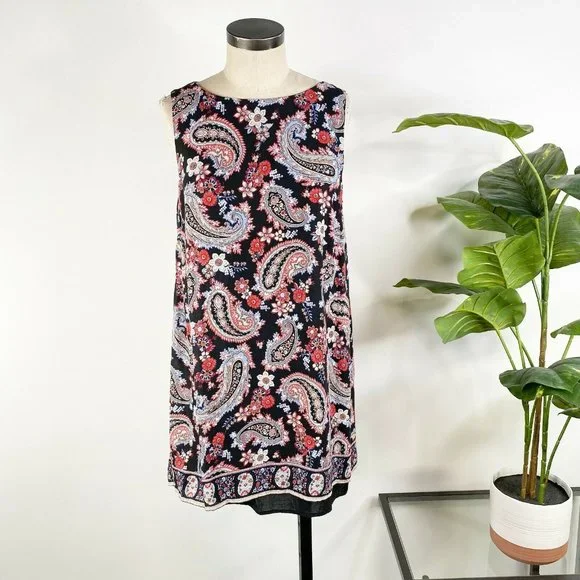 J Jill Paisley Overlay Layered Tunic Tank Top Medium Black Split Back Sleeveless - Picture 3 of 11